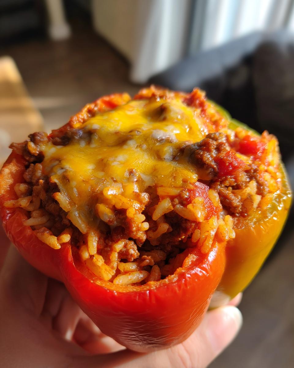 Close-up of a red and yellow hearty stuffed bell pepper filled with rice, ground meat, and topped with melted cheddar cheese.