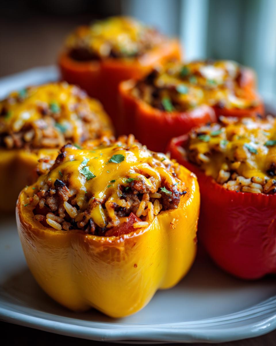 Close-up of a plate of hearty stuffed bell peppers, topped with melted cheese and fresh herbs.
