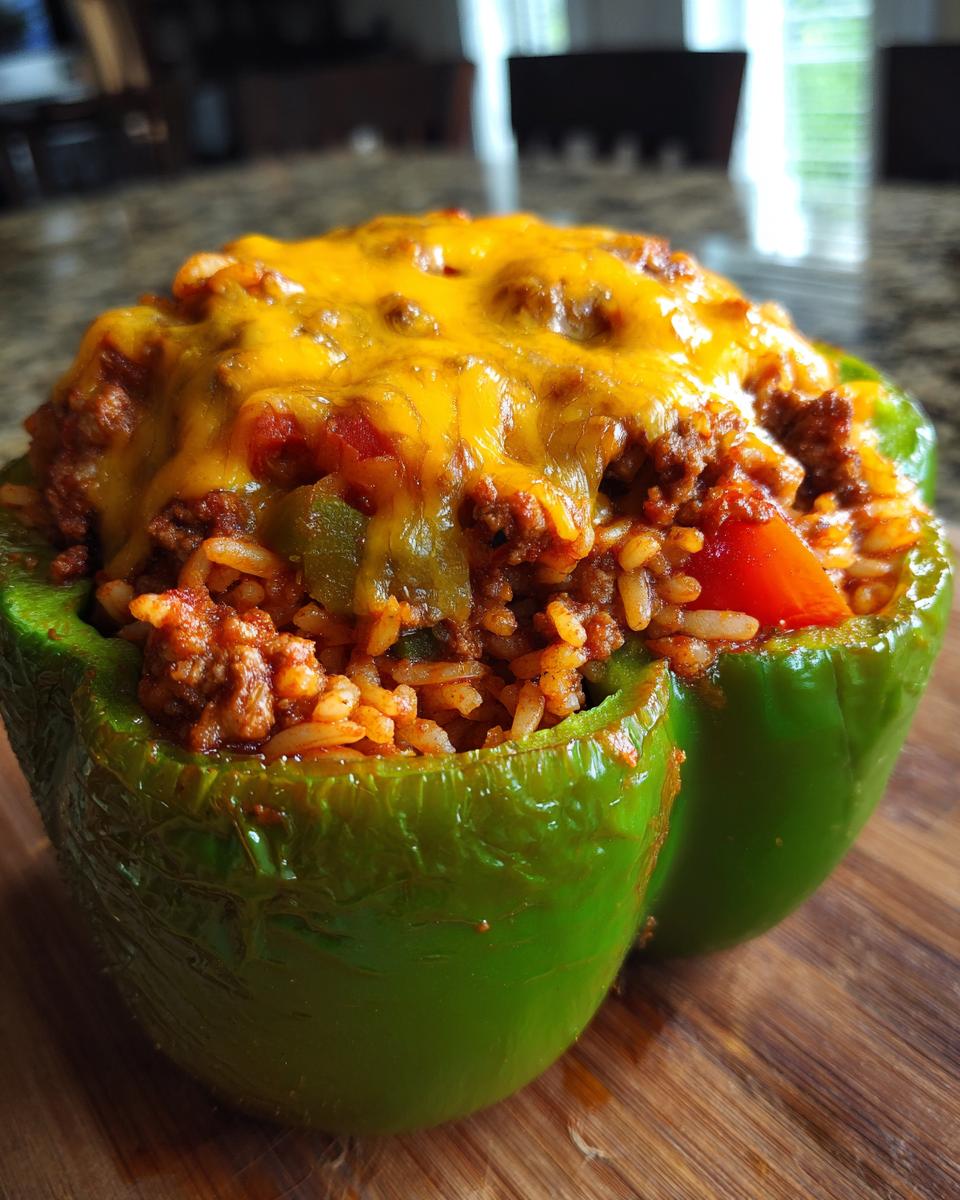 A close-up of a green bell pepper stuffed with a savory mixture of ground meat, rice, and vegetables, topped with melted cheddar cheese.