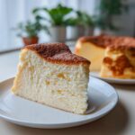 A fluffy slice of Heavenly Japanese Cheesecake with a lightly browned top, served on a white plate.