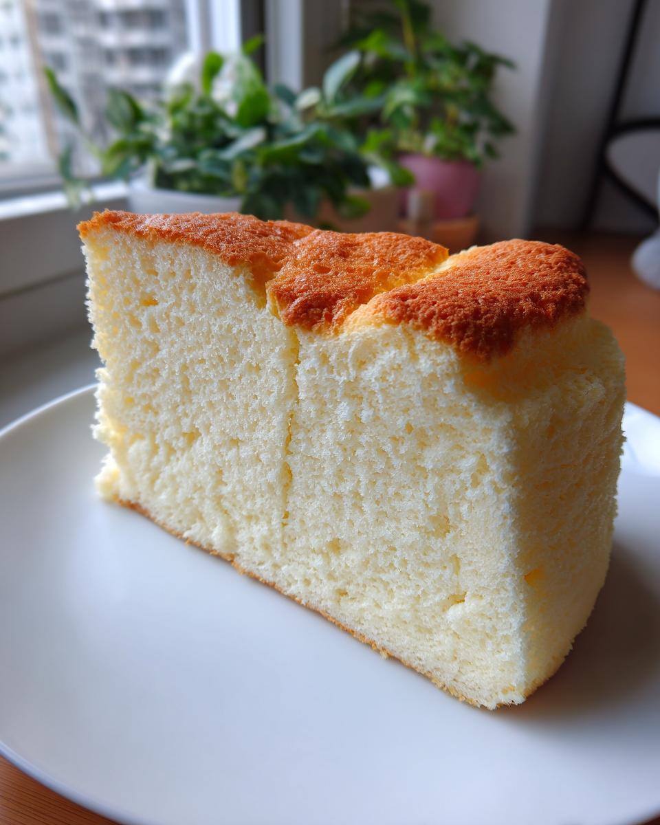 A fluffy slice of Heavenly Japanese Cheesecake on a white plate, showcasing its light texture and golden-brown top.