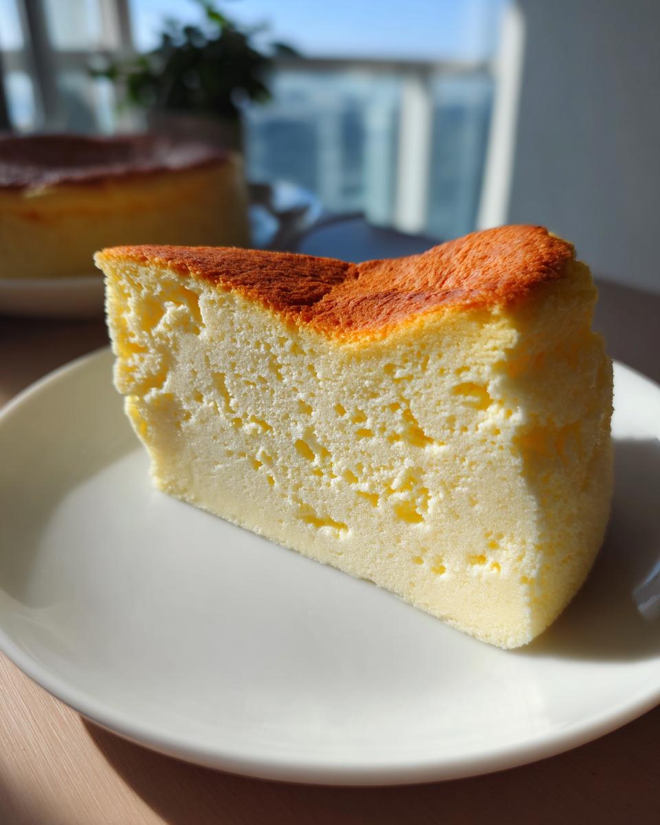 A slice of fluffy, golden-brown Heavenly Japanese Cheesecake served on a white plate.