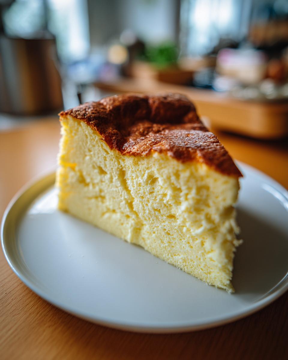 A slice of fluffy and golden-brown Heavenly Japanese Cheesecake on a white plate.