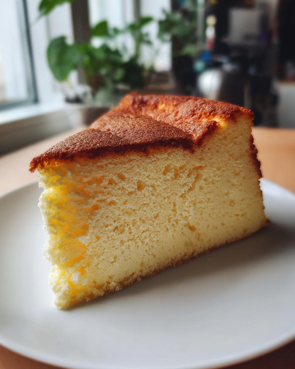 A slice of fluffy, golden-brown Heavenly Japanese Cheesecake on a white plate, showcasing its airy texture.