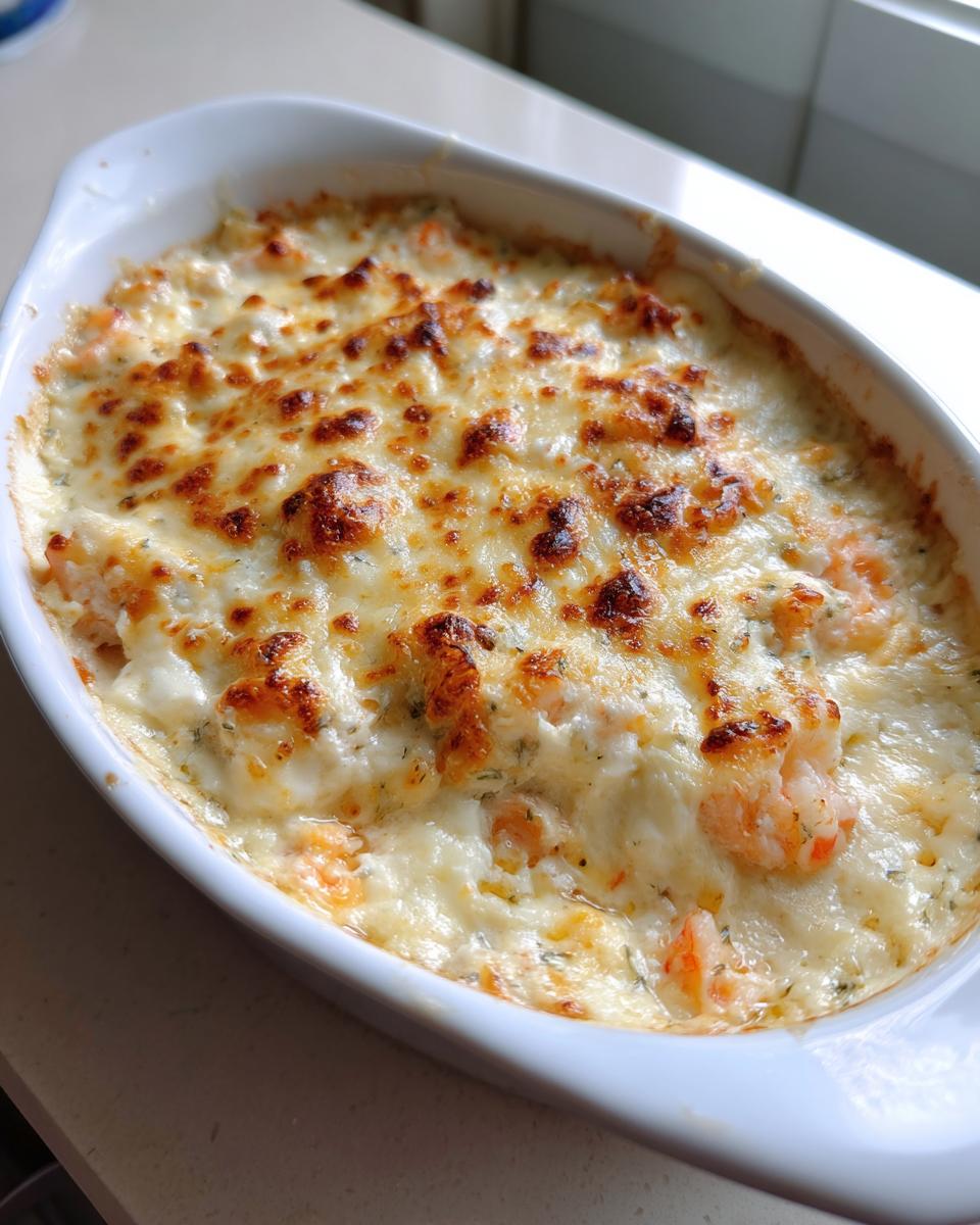 Close-up of hot Baked Shrimp Dip in a white oval dish, featuring a bubbly, golden-brown melted cheese crust.