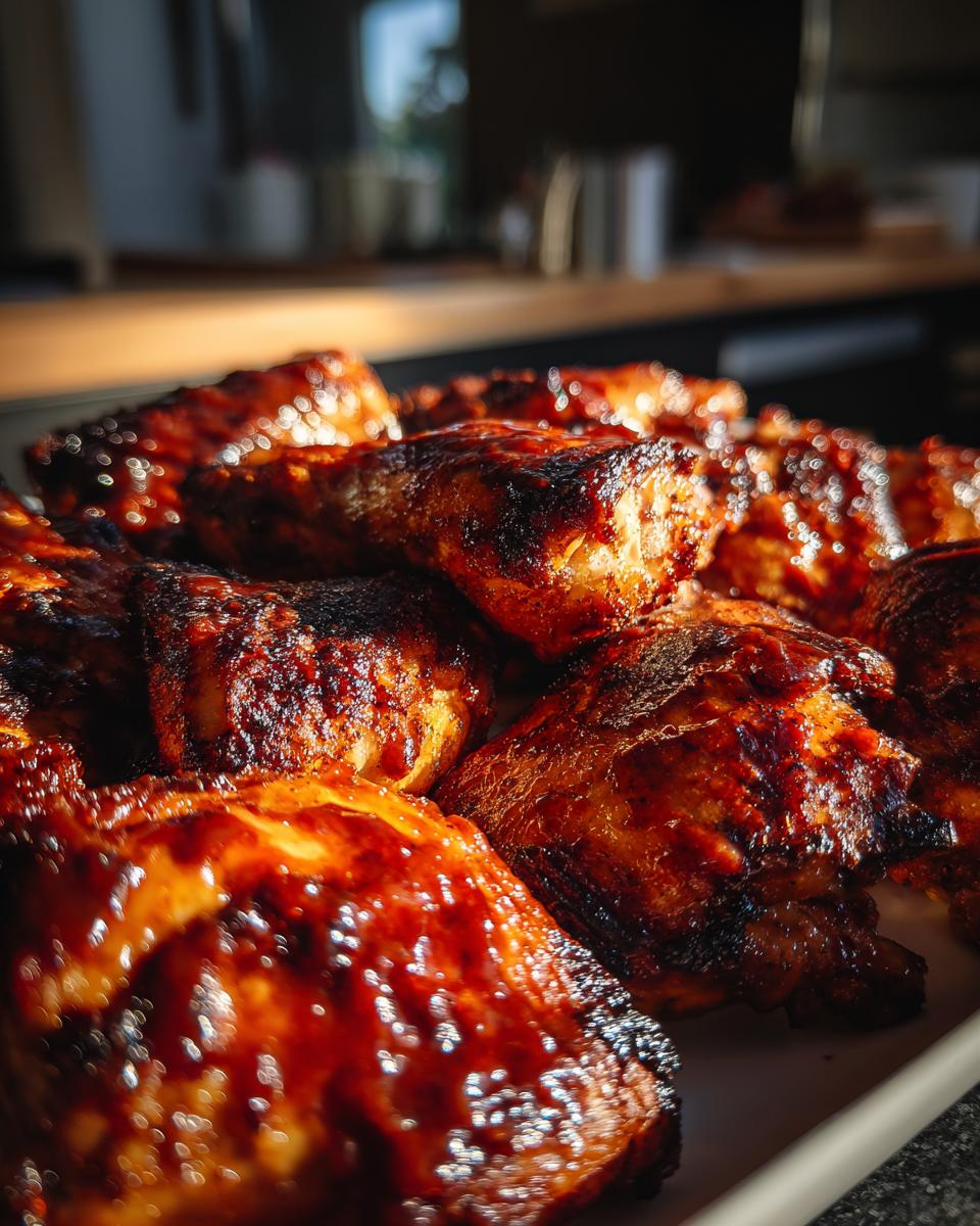 Close-up of a platter piled high with glistening, perfectly grilled Irresistible BBQ Chicken.