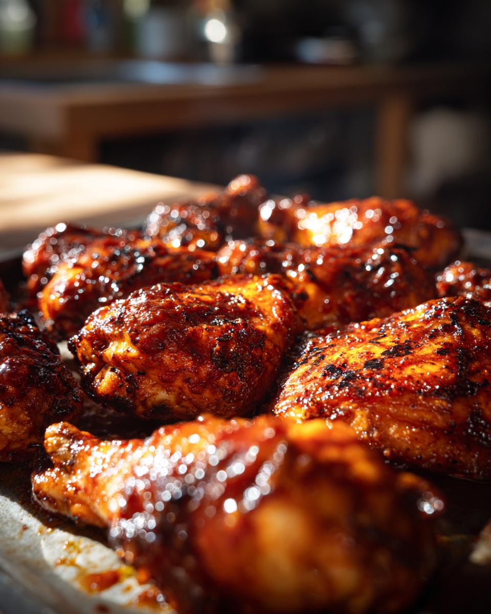 Close-up of glistening, glazed BBQ chicken pieces, perfect for summer grilling.