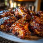 Close-up of juicy, glazed BBQ chicken wings with fresh parsley, perfect for an irresistible BBQ chicken recipe.