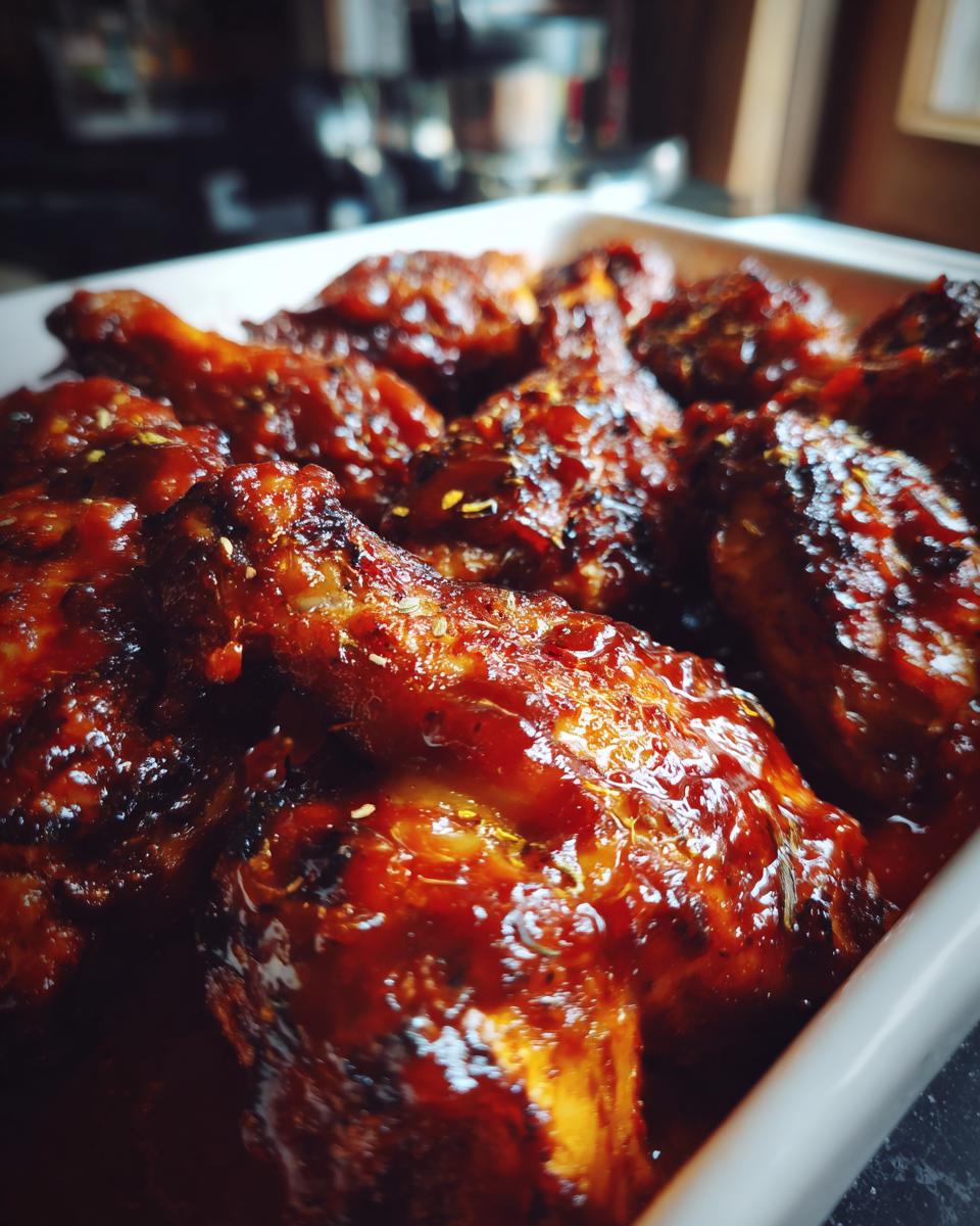 Close-up of glistening, saucy BBQ chicken wings in a white dish, perfect for summer grilling.