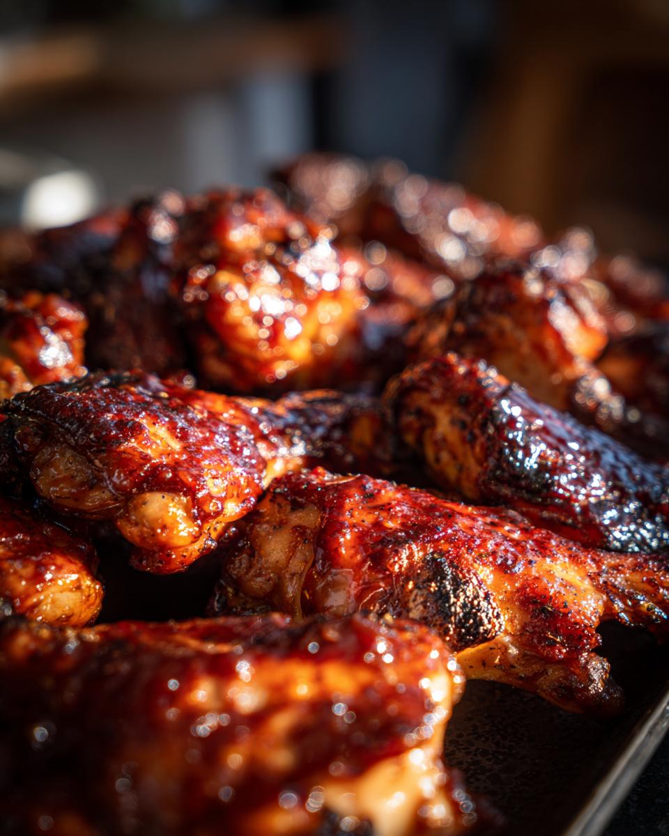 Close-up of a platter of glistening, irresistible BBQ chicken wings, perfect for summer grilling.