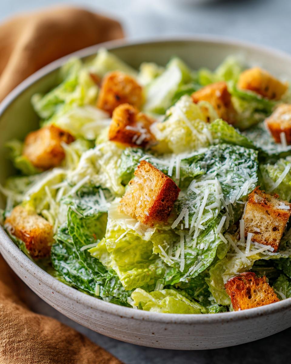 A close-up of an Irresistible Caesar Salad Recipe, featuring crisp romaine lettuce, creamy dressing, croutons, and grated Parmesan cheese.