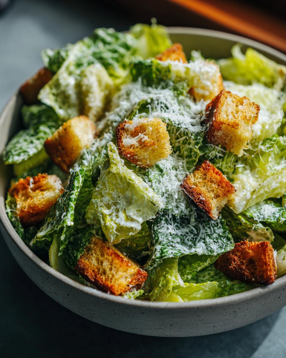 Close-up of a bowl of Irresistible Caesar Salad Recipe, featuring crisp romaine lettuce, croutons, and shaved Parmesan cheese.