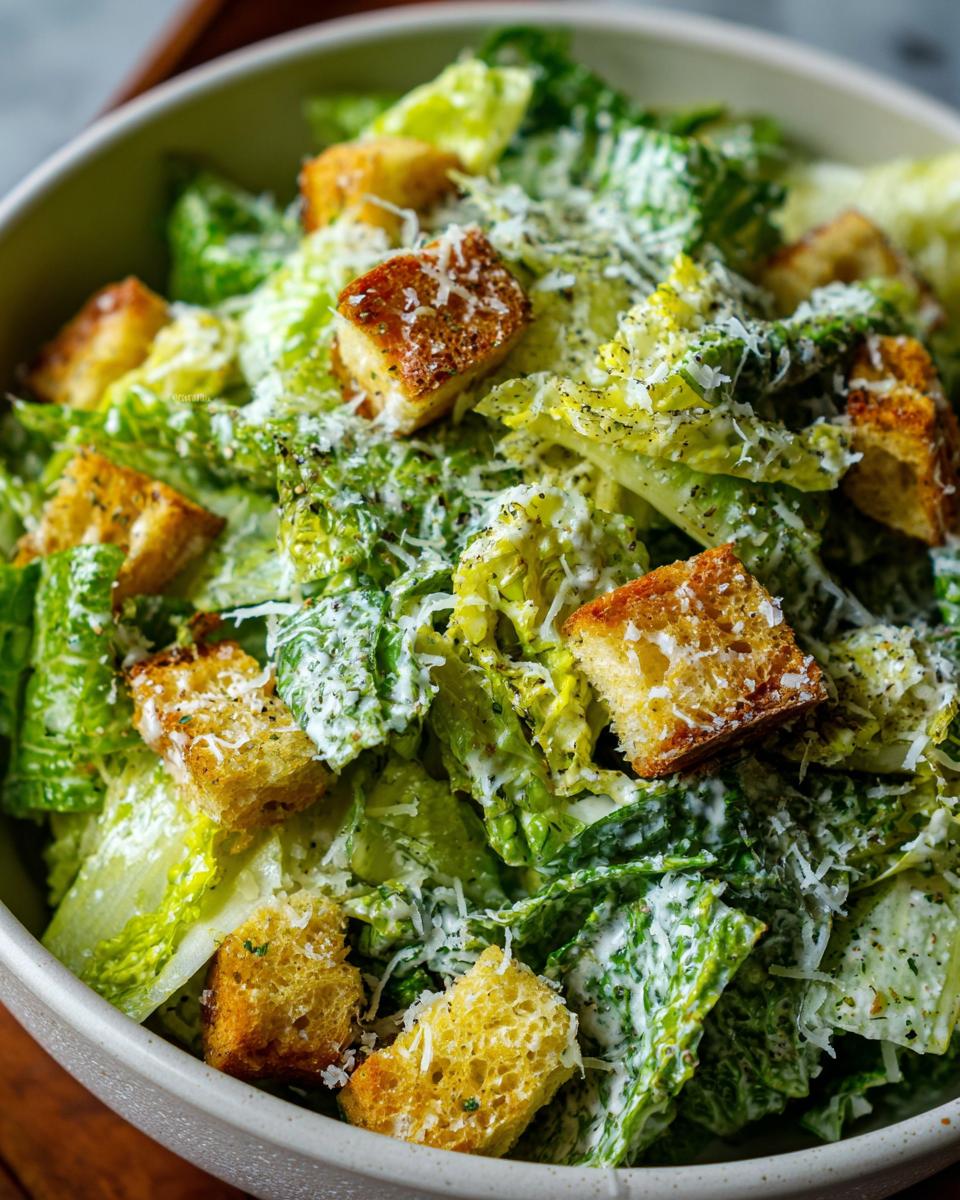 Close-up of an Irresistible Caesar Salad Recipe with crisp romaine lettuce, croutons, and grated Parmesan cheese.