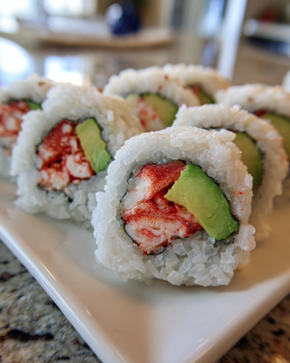 Close-up of an Irresistible California Roll Sushi with crab, avocado, and rice.