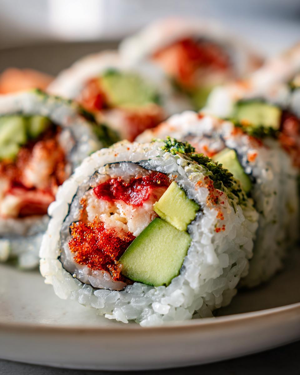 Close-up of an Irresistible California Roll Sushi, showcasing avocado, cucumber, and red roe.