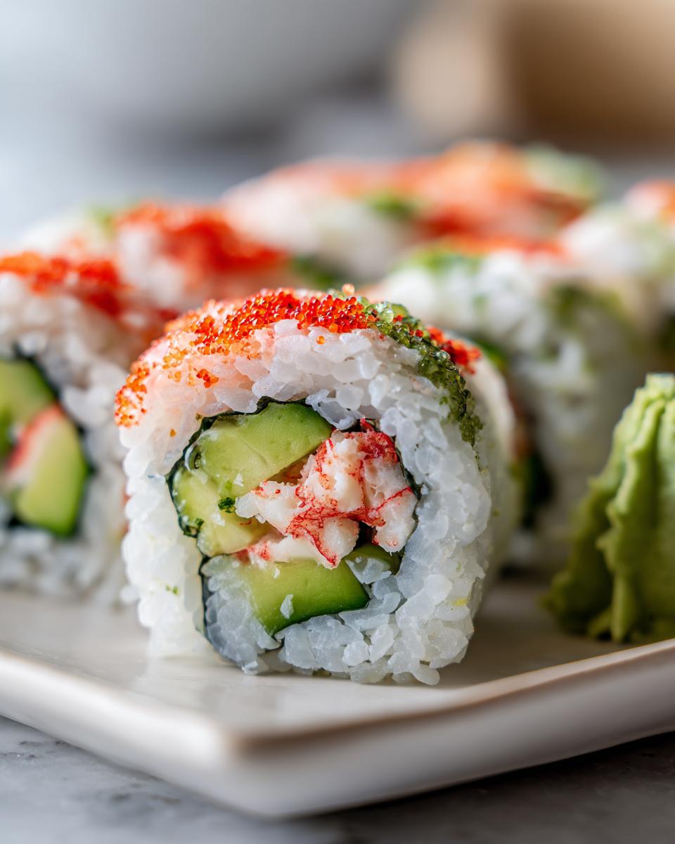 Close-up of an Irresistible California Roll Sushi with avocado, crab, and masago, served with wasabi.