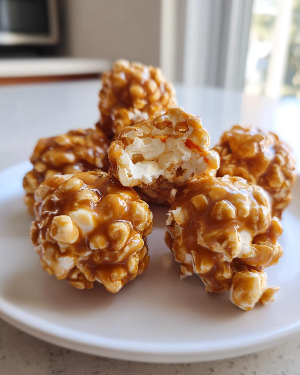 A close-up of Irresistible Caramel Popcorn Balls on a white plate, with one ball broken open to show the fluffy interior.