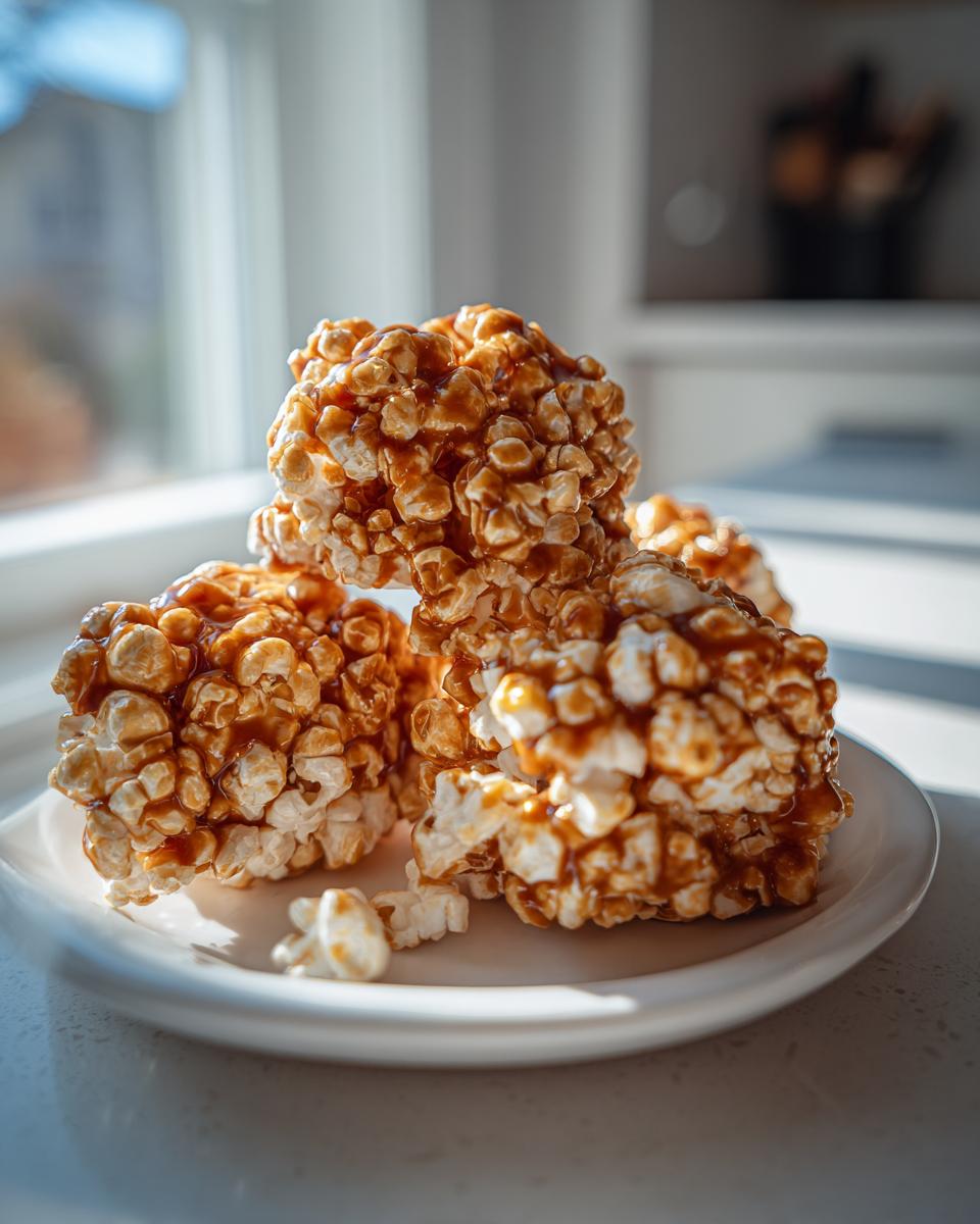 A close-up of a stack of Irresistible Caramel Popcorn Balls, glistening with caramel sauce.