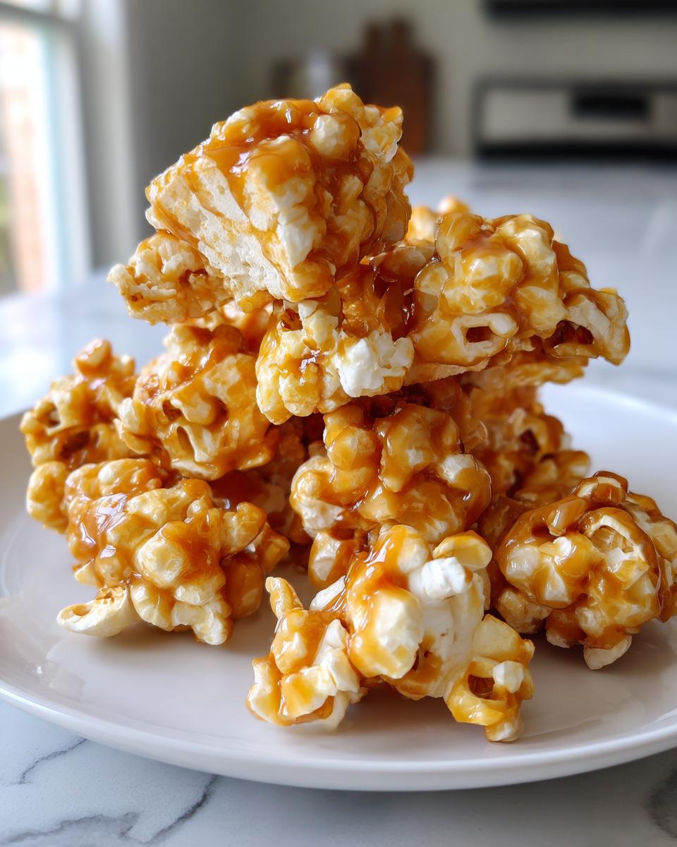 A close-up stack of Irresistible Caramel Popcorn Balls, glistening with golden caramel.