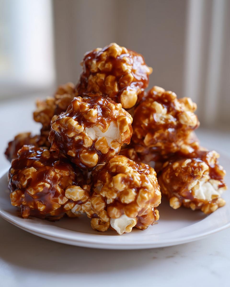A pile of Irresistible Caramel Popcorn Balls glistening with caramel sauce on a white plate.