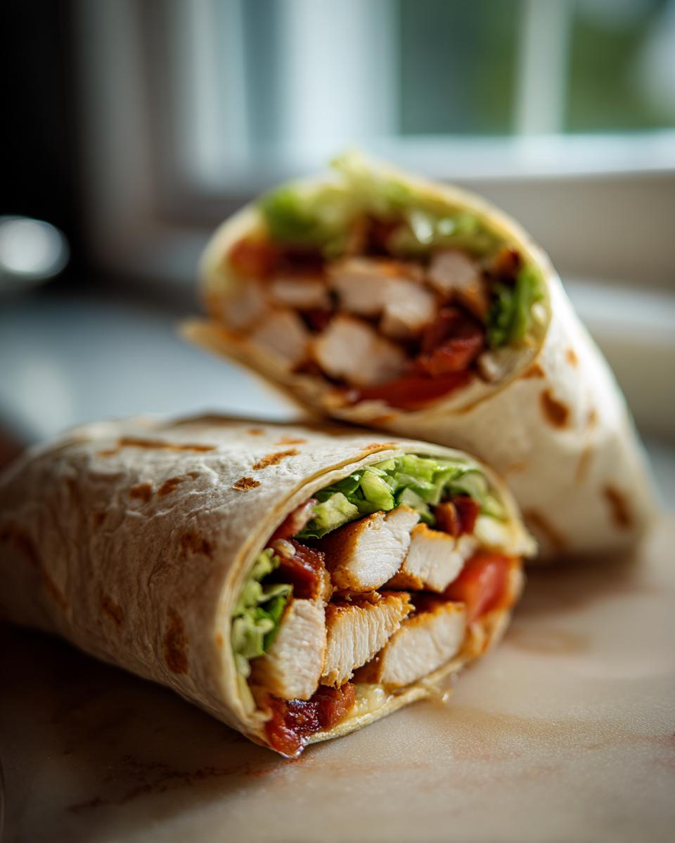 Close-up of an Irresistible Chicken Caesar Wrap cut in half, showing seasoned chicken, lettuce, and tomato.