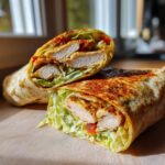 A close-up of an Irresistible Chicken Caesar Wrap, cut in half, revealing tender chicken, crisp lettuce, and creamy dressing.