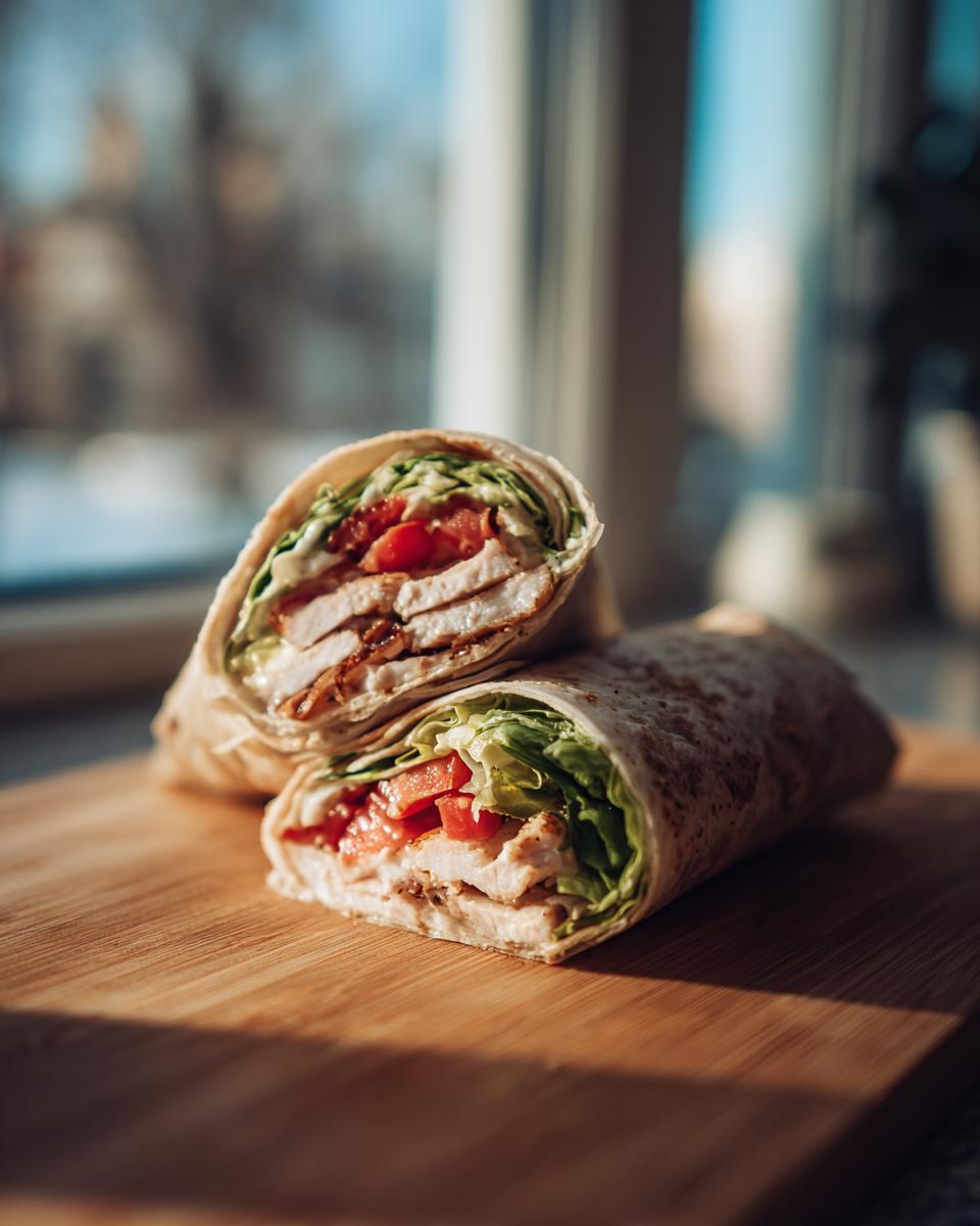 Close-up of a halved Irresistible Chicken Caesar Wrap on a wooden board, showing chicken, lettuce, and tomatoes.