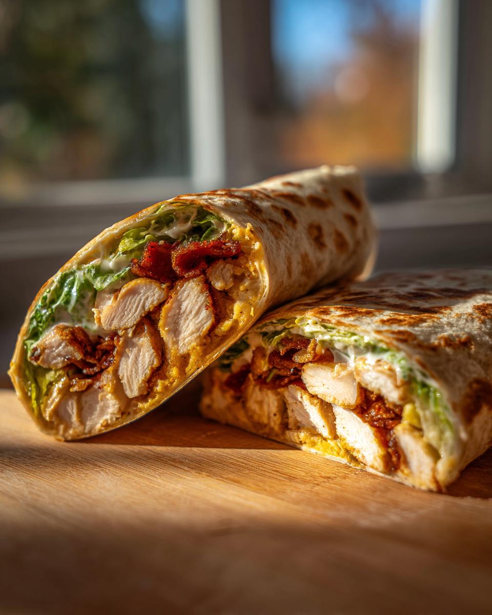 Close-up of an Irresistible Chicken Caesar Wrap Recipe, cut in half, showing tender chicken, crisp lettuce, and creamy dressing.