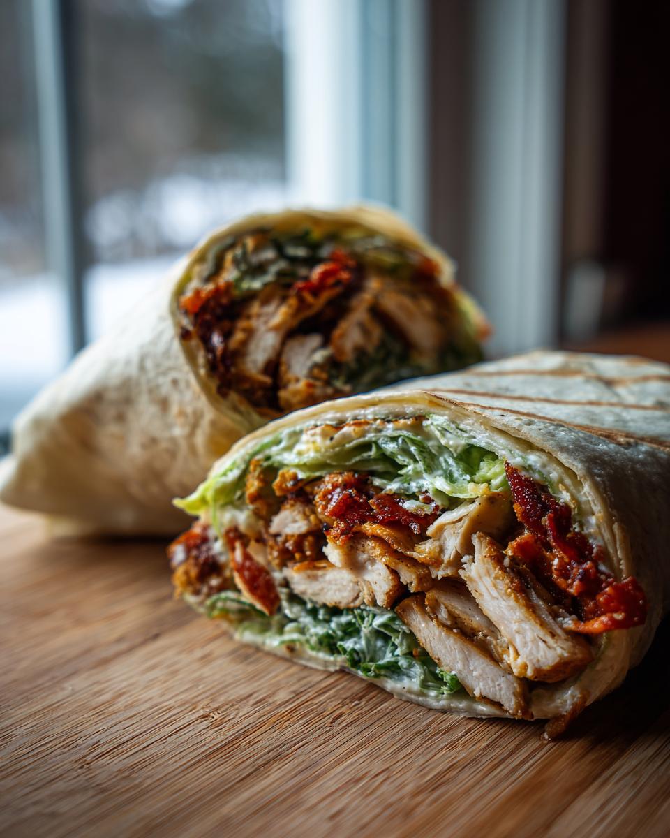 Close-up of an Irresistible Chicken Caesar Wrap Recipe, sliced in half, showing grilled chicken, lettuce, and Caesar dressing.