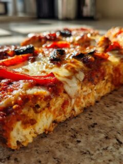 A close-up of a slice of Irresistible Chicken Crust Pizza, showing melted cheese, red peppers, and olives.