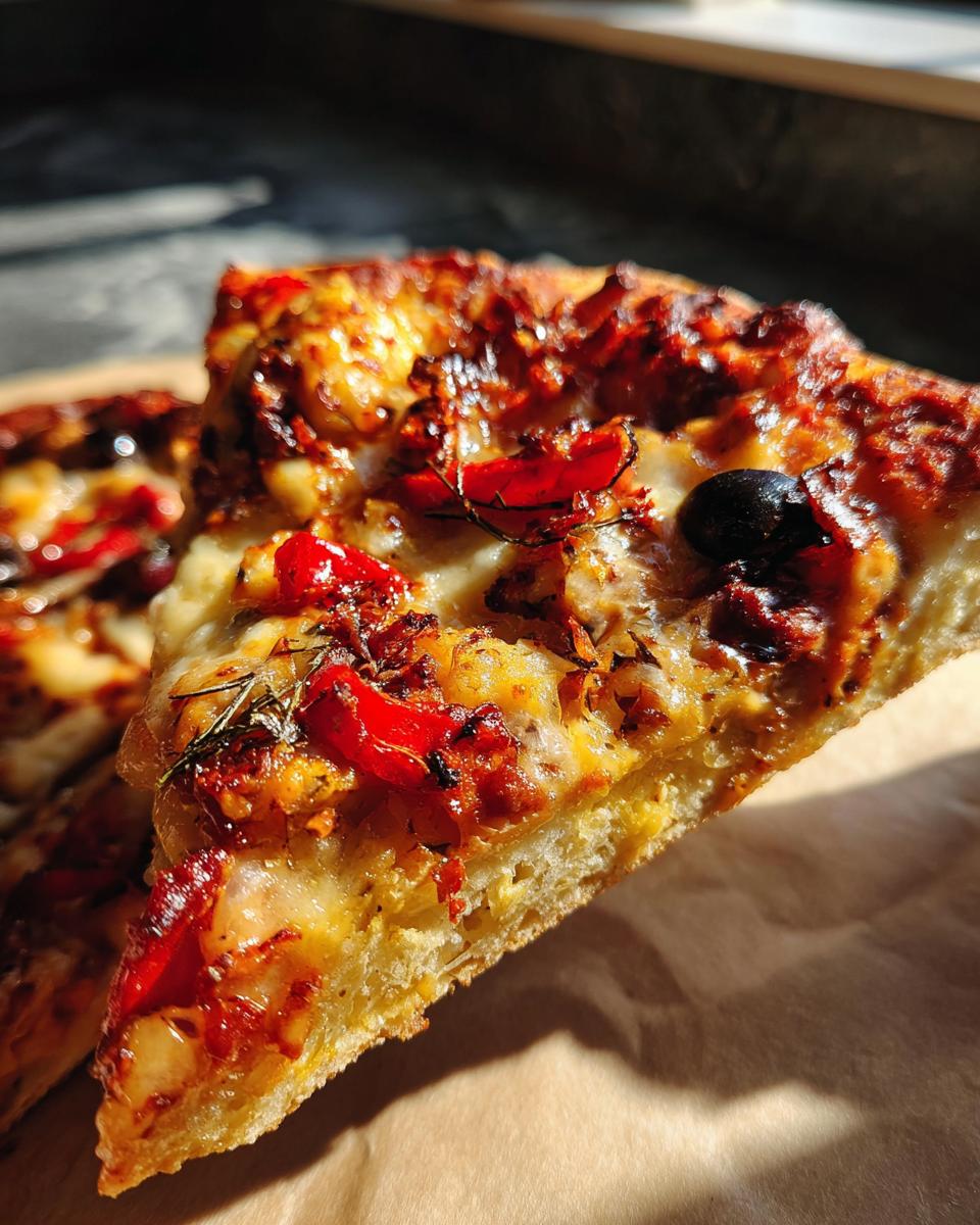 A close-up of a slice of Irresistible Chicken Crust Pizza, showing melted cheese, red peppers, and olives.