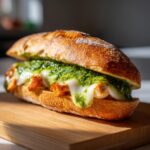 A delicious and irresistible chicken pesto sandwich on a crusty baguette, with melted cheese and vibrant pesto.