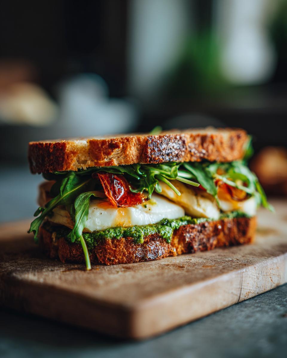 A close-up of an Irresistible Chicken Pesto Sandwich on a wooden board, featuring toasted bread, pesto, mozzarella, arugula, and sun-dried tomatoes.
