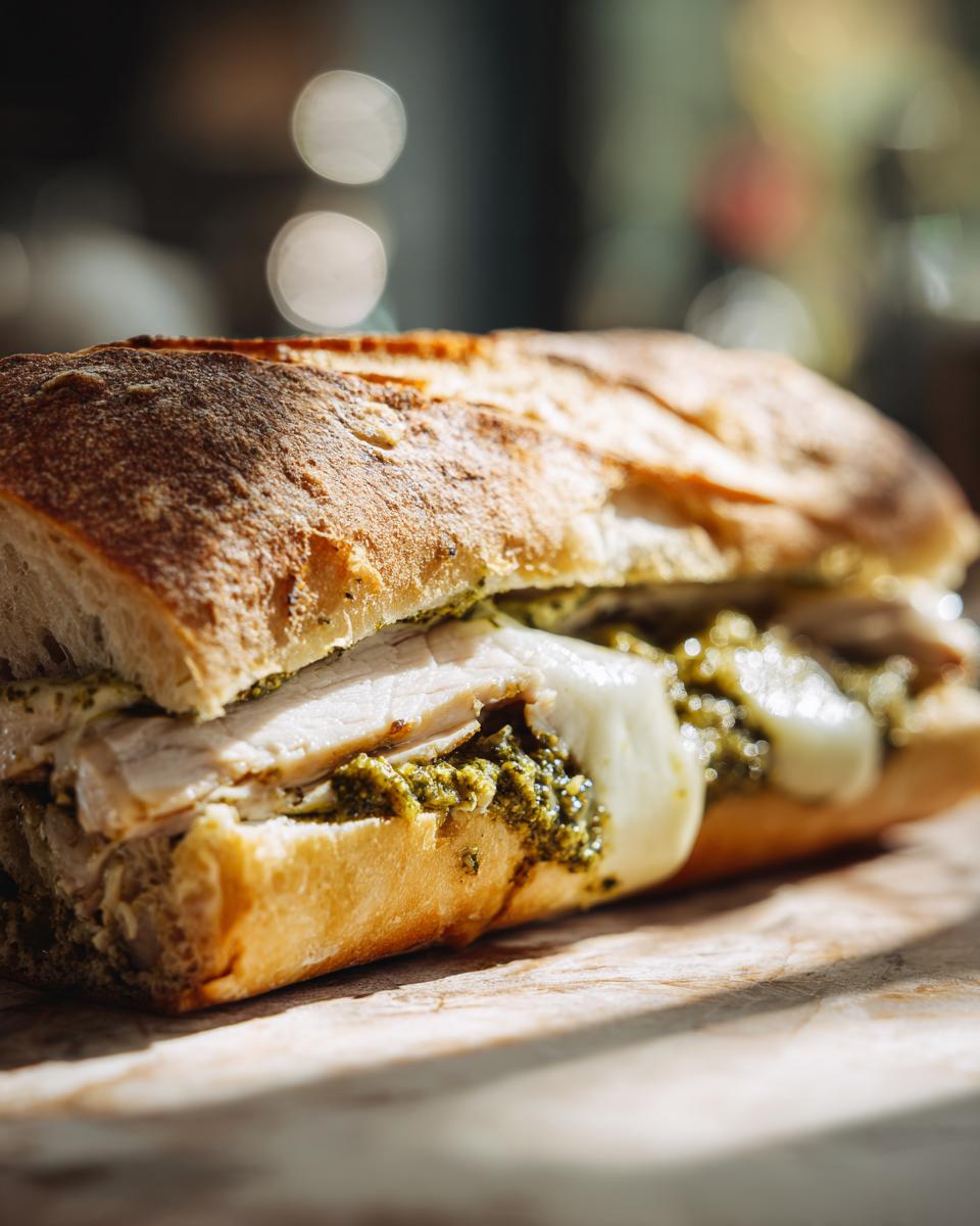 Close-up of an Irresistible Chicken Pesto Sandwich on a crusty baguette, showing layers of chicken, melted cheese, and vibrant pesto.