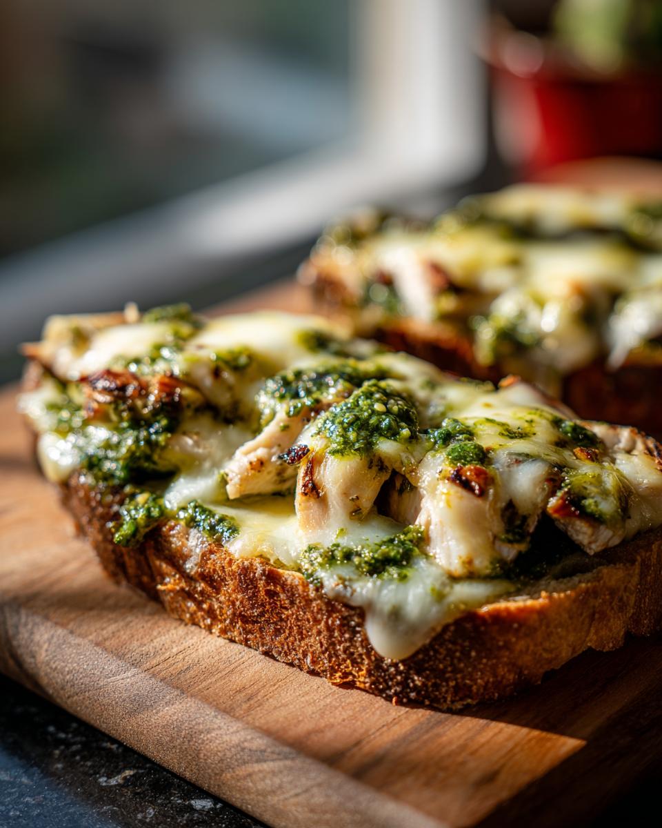 Close-up of an Irresistible Chicken Pesto Sandwich on toasted bread, topped with shredded chicken, pesto, and melted mozzarella cheese.
