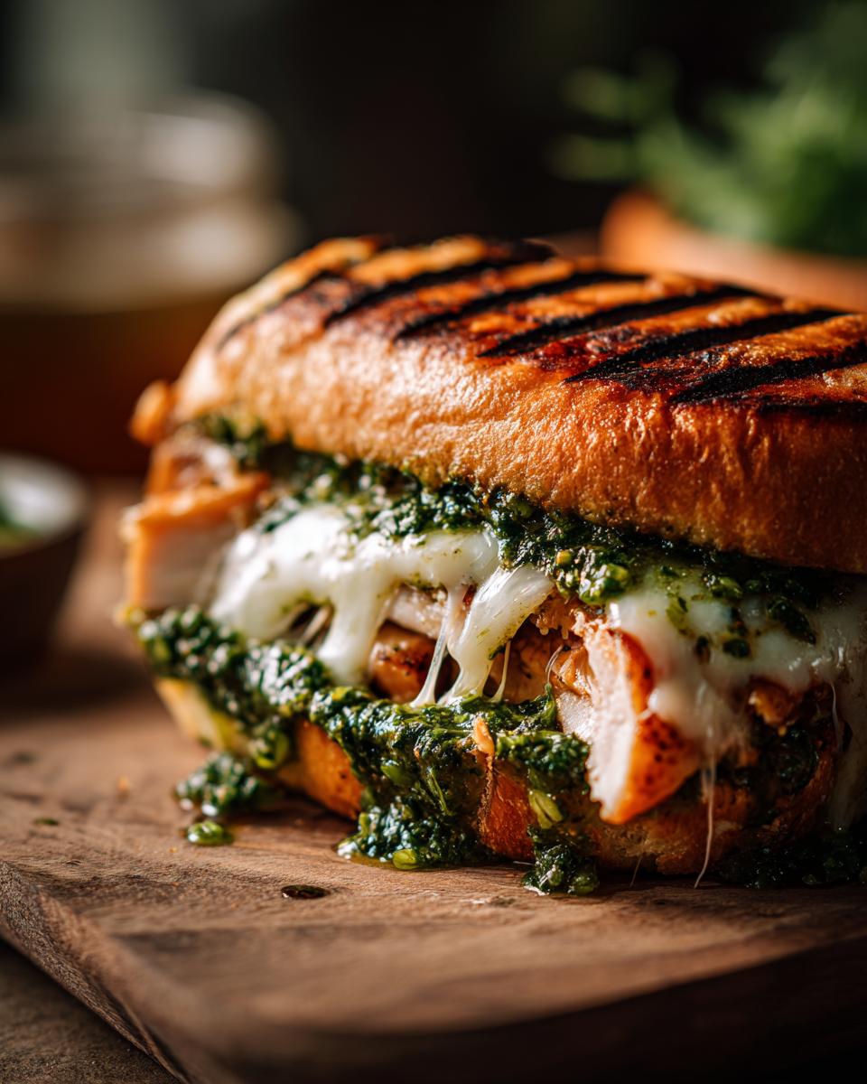 A close-up of an Irresistible Chicken Pesto Sandwich with melted cheese and grilled bread.