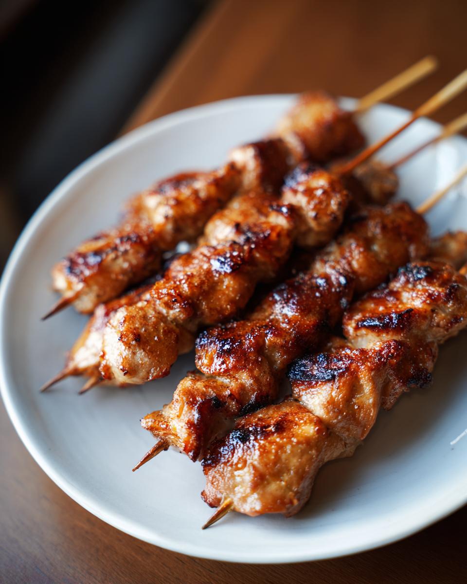Close-up of irresistible chicken skewers grilled to perfection on a white plate.