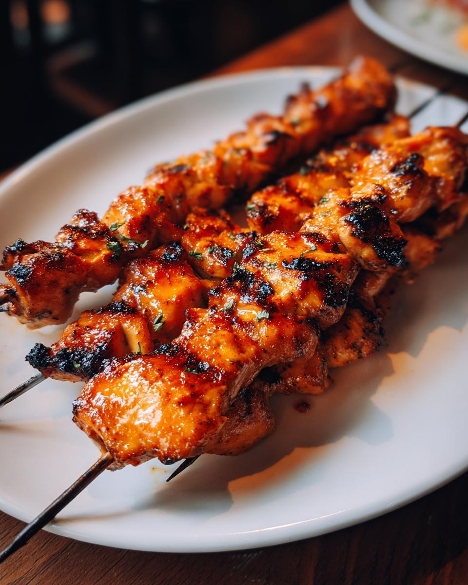 Close-up of Irresistible Chicken Skewers Grilled to perfection, glistening with sauce and herbs.