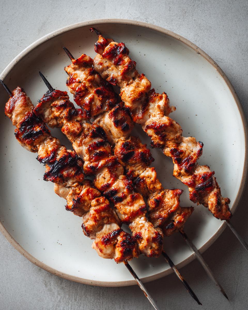 Close-up of Irresistible Chicken Skewers, grilled with char marks, served on a plate.