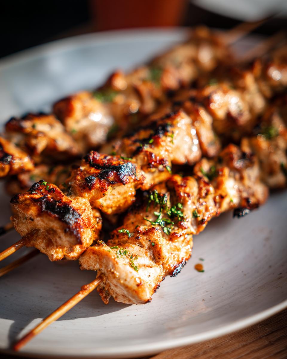 Close-up of grilled Irresistible Chicken Skewers, perfectly charred and seasoned with herbs.