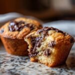 A close-up of two Irresistible Chocolate Chocolate Chip Muffins, one with a bite taken out, revealing gooey chocolate chips.