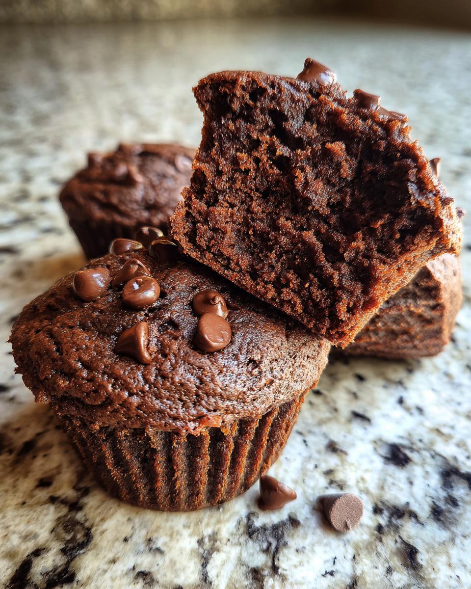 Close-up of Irresistible Chocolate Chocolate Chip Muffins, one broken in half to show the moist interior and chocolate chips.