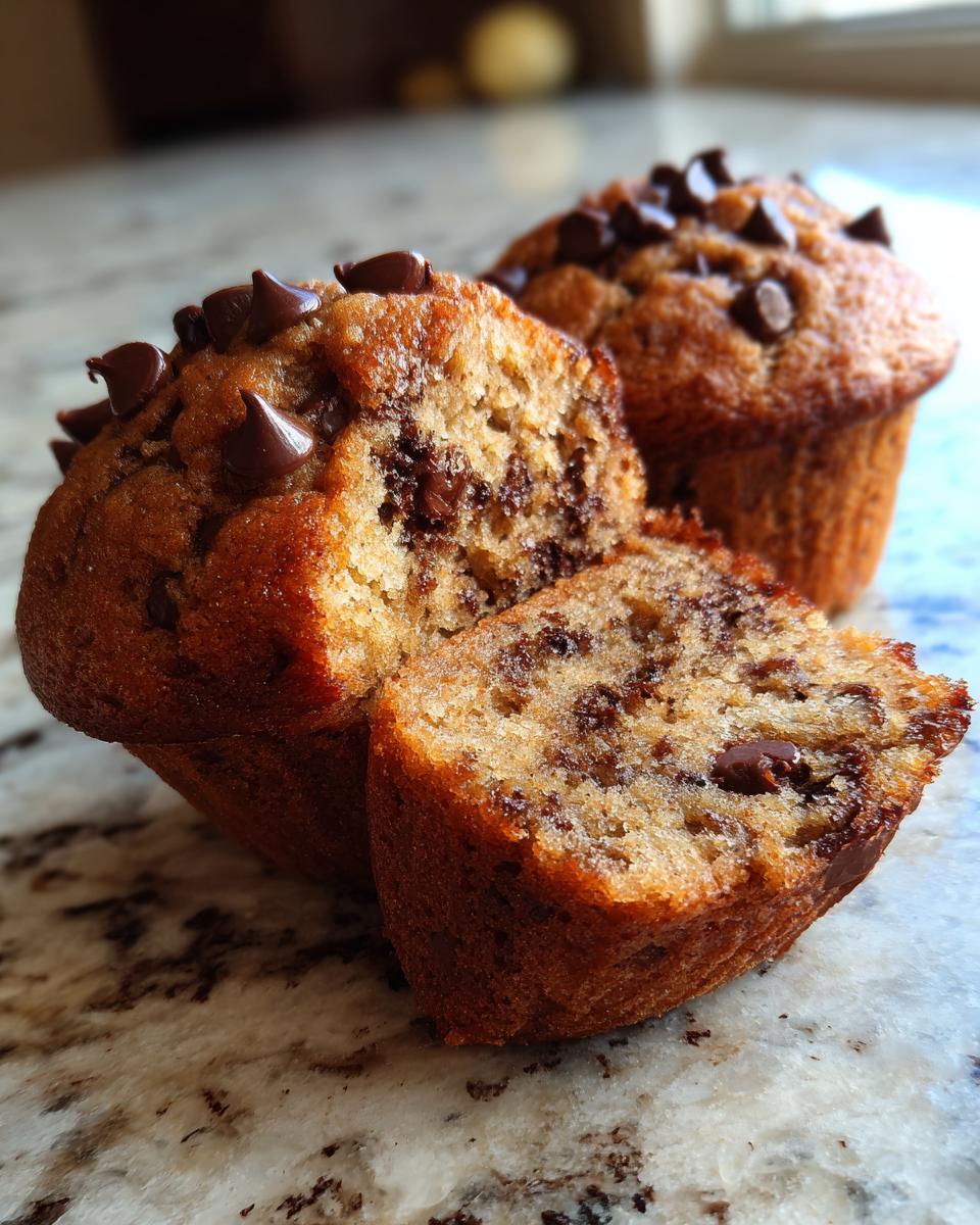 Close-up of Irresistible Chocolate Chocolate Chip Muffins, one cut in half to show rich chocolate chips.