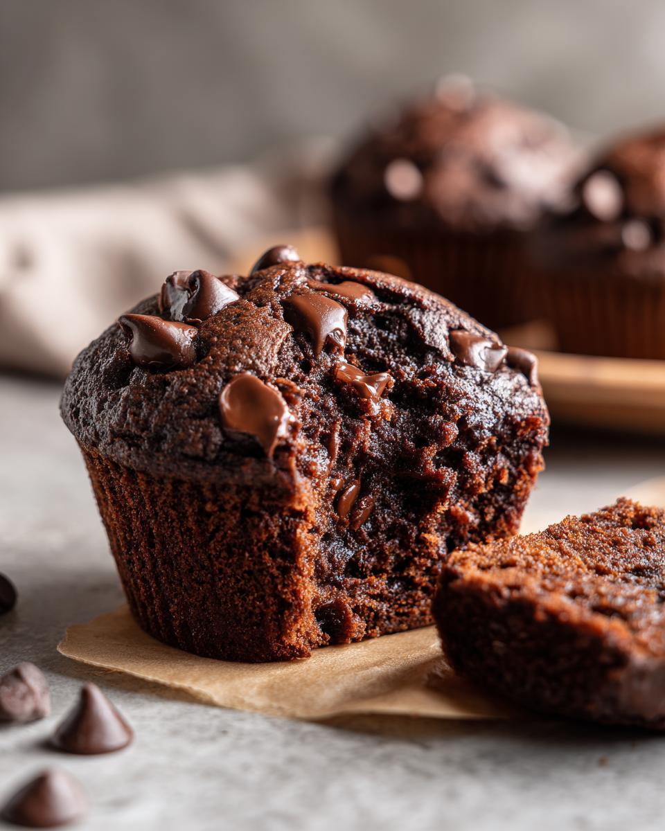Close-up of an Irresistible Chocolate Chocolate Chip Muffin with a bite taken out, showing gooey chocolate chips.