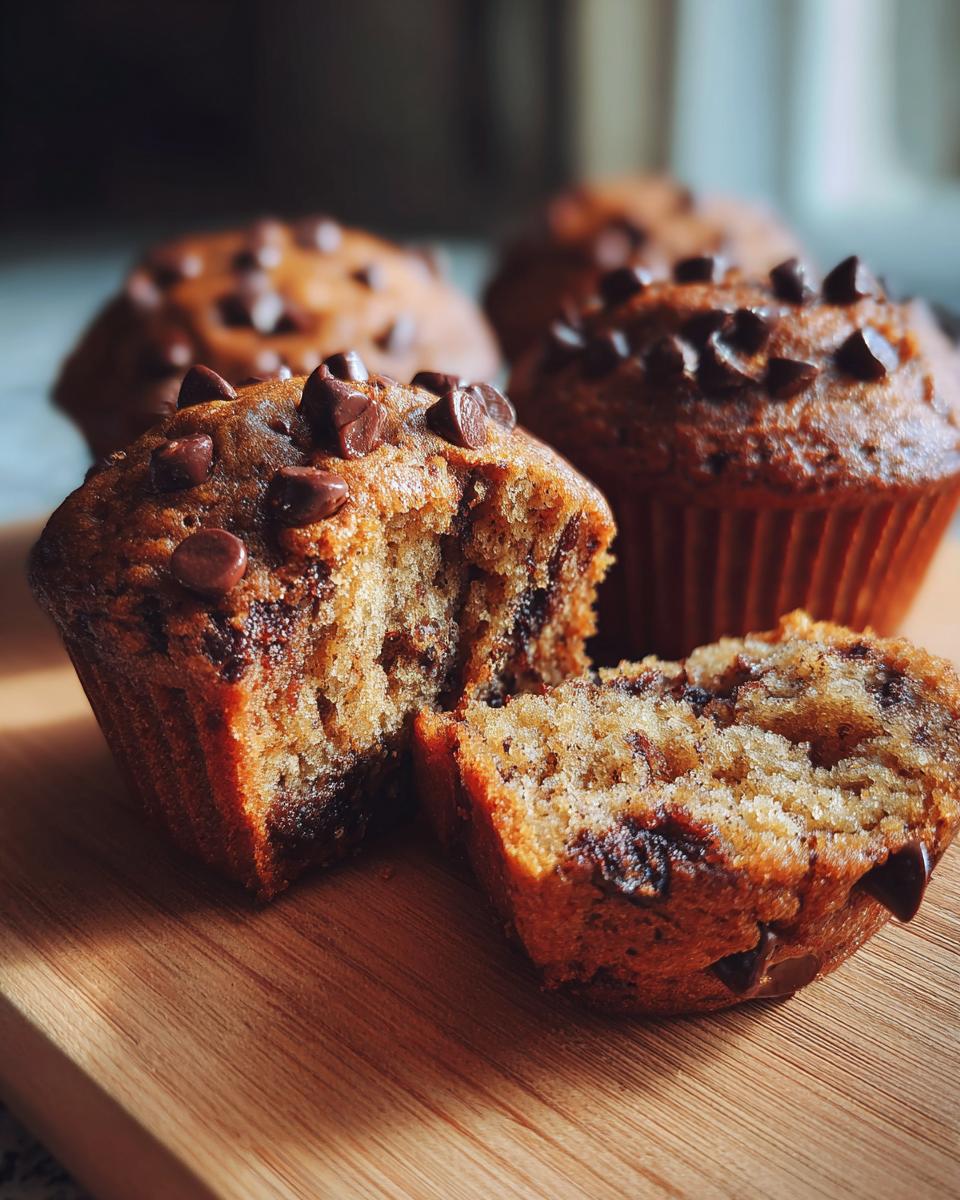 Close-up of Irresistible Chocolate Chocolate Chip Muffins, one broken in half to show rich chocolate chips.