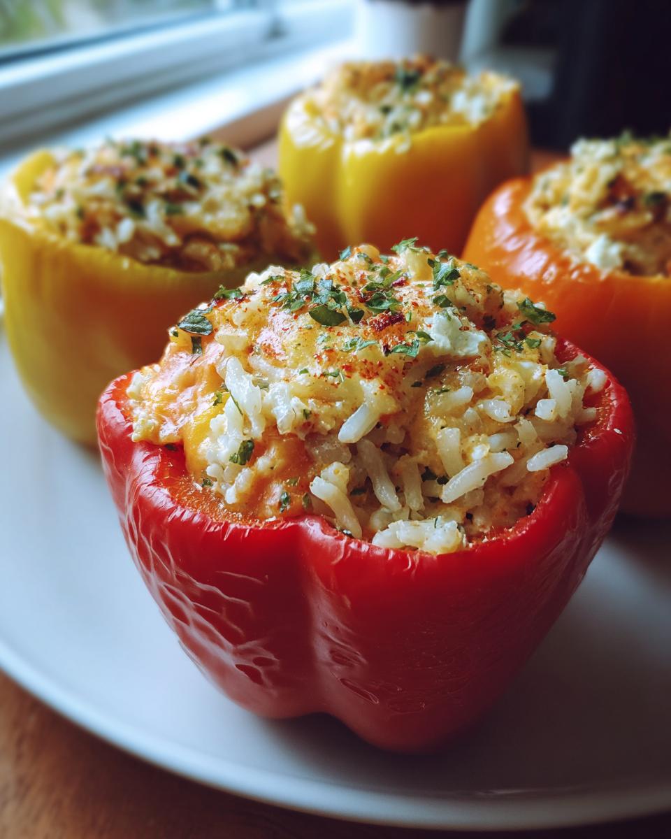 Close-up of a red bell pepper stuffed with rice and cream cheese mixture, topped with herbs and paprika. Other stuffed peppers in the background.