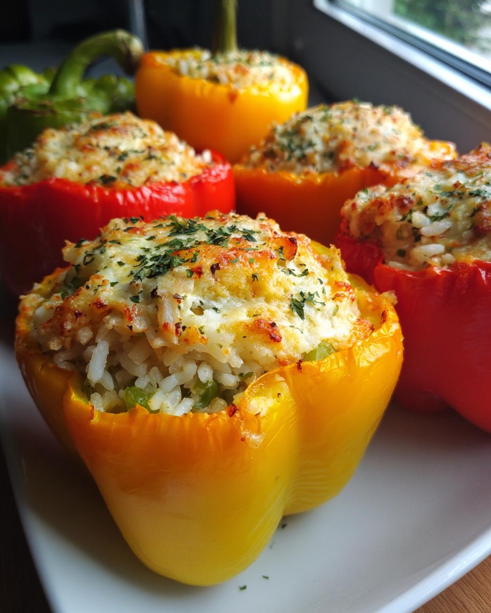 Close-up of Irresistible Cream Cheese Stuffed Peppers, filled with rice and topped with cheese and herbs.