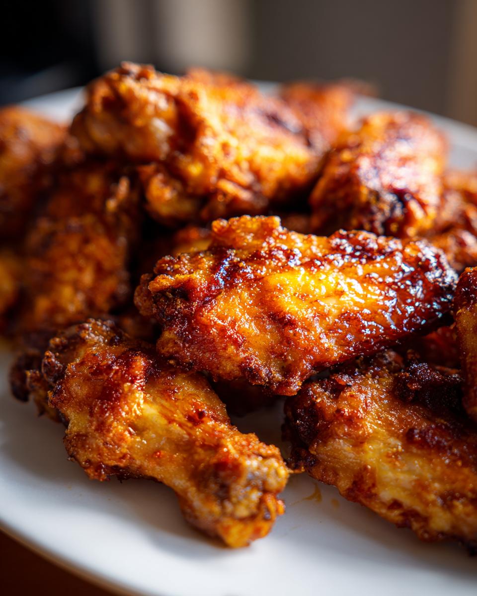 Close-up of Irresistible Crispy Griddle Wings piled on a white plate, glistening with sauce.