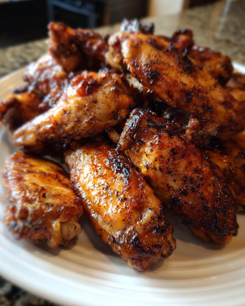 A close-up of a pile of Irresistible Crispy Griddle Wings on a white plate, perfectly cooked and seasoned.