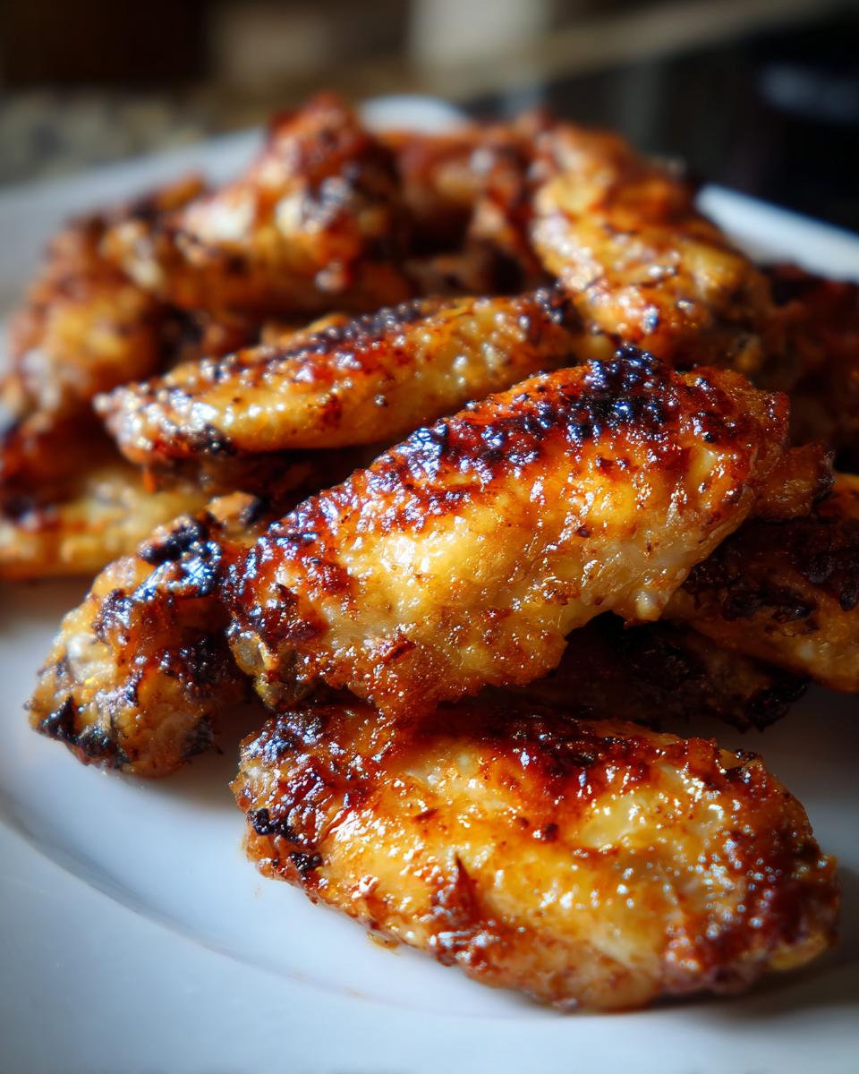 Close-up of a plate piled high with Irresistible Crispy Griddle Wings, glistening with a savory sauce.